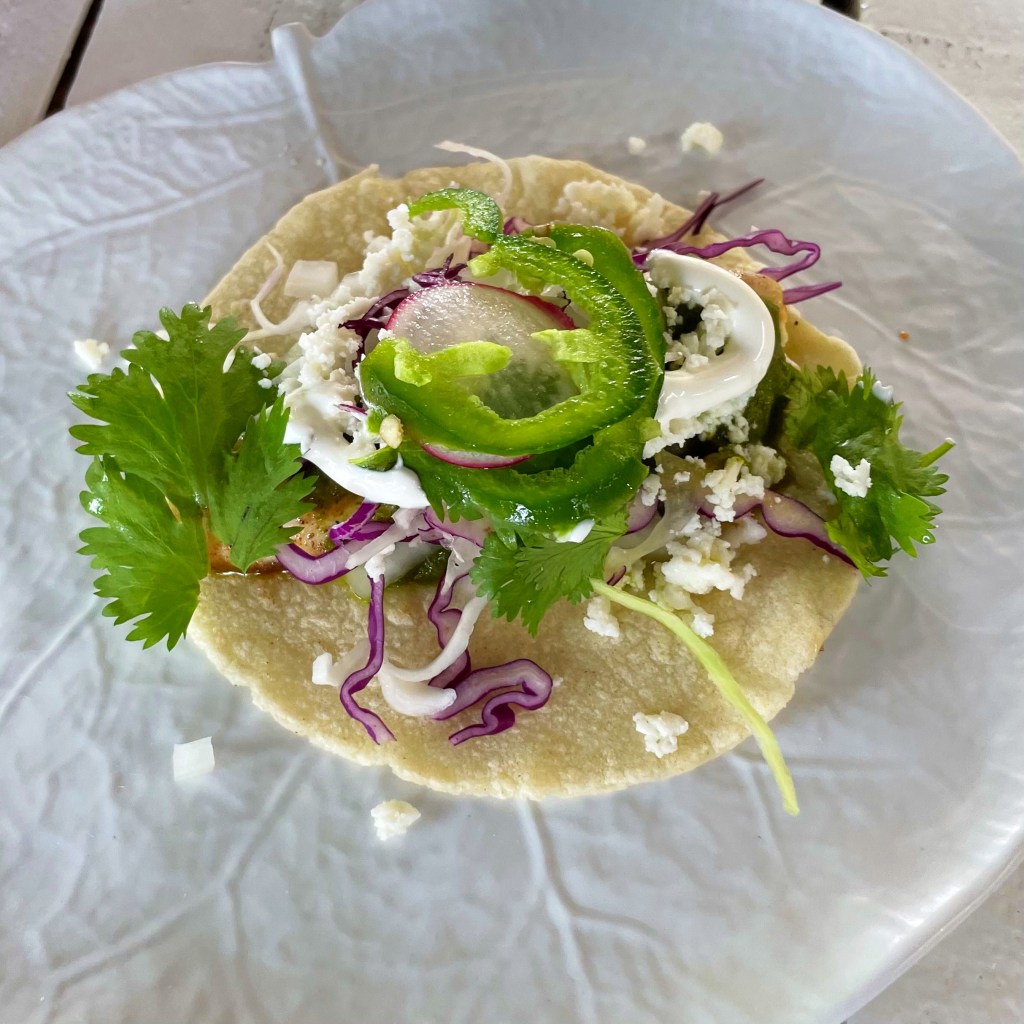 a fish taco on a plate from bad boy burrito in islamorada florida keys