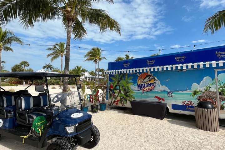 a motorcycle parked on a beach with palm trees