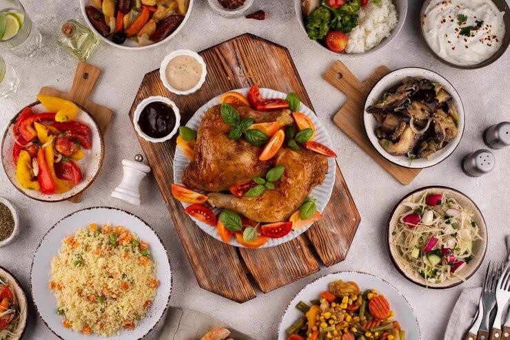a dish is filled with different types of food on a table