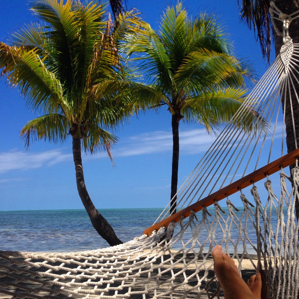 View of palm trees and ocean from a hammock with a person's feet visible.
