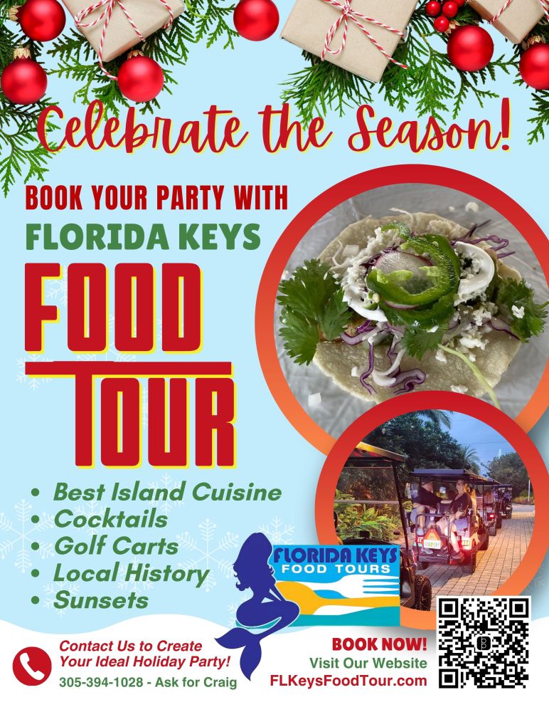 Festive flyer for Florida Keys Food Tour with tacos, golf carts, and holiday decorations.
