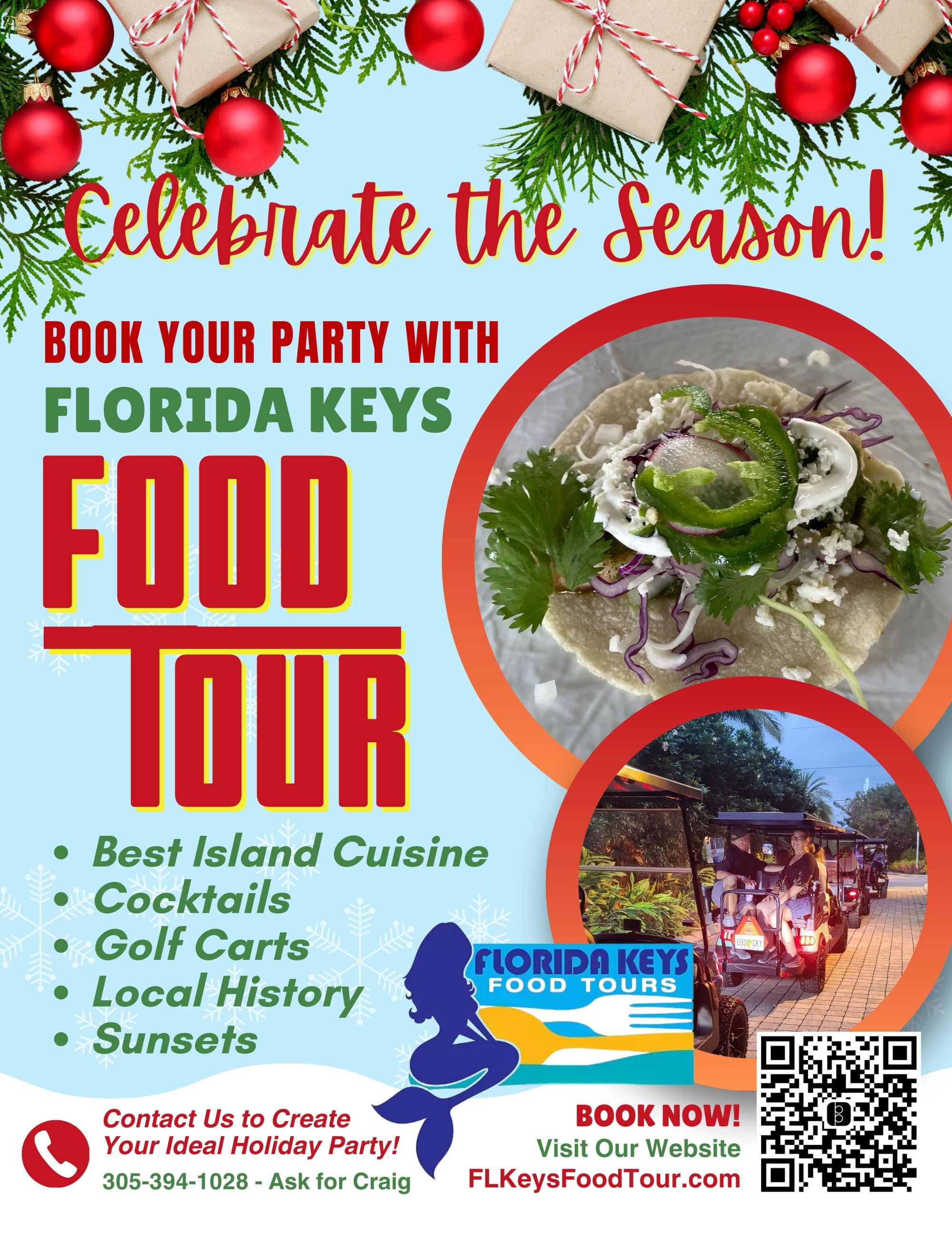 2025-0924-FK-FOOD TOUR Festive flyer for Florida Keys Food Tour with tacos, golf carts, and holiday decorations.