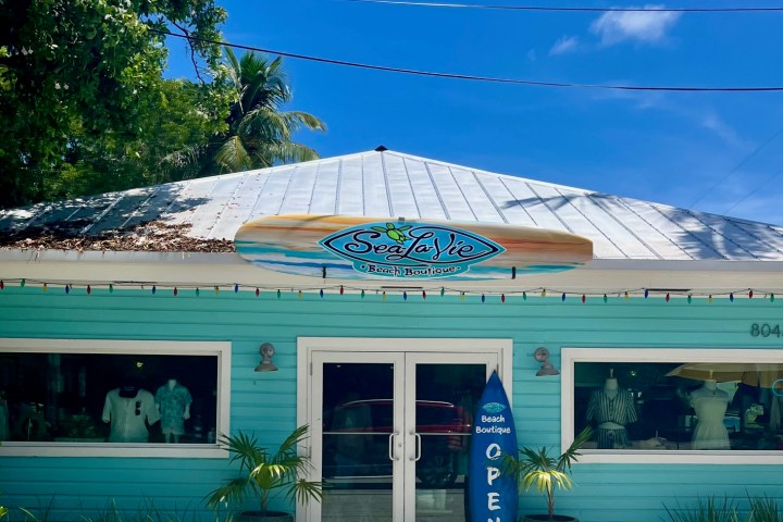 Beach boutique with blue facade, surfboard sign, and palm trees.