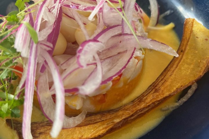 Ceviche with red onion, herbs, and pumpkin in a blue bowl.