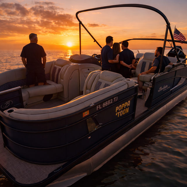 People on a pontoon boat watching a sunset over the water.