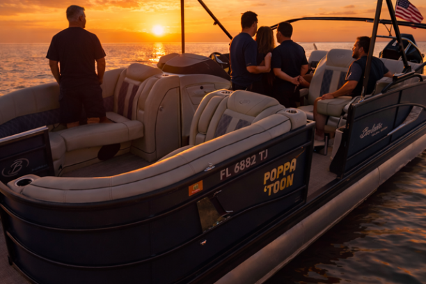 People on a pontoon boat watching a sunset over the water.