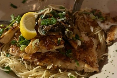 Pasta with senator style fish, a guy fieri favorite at the shrimp shack in is,amorada